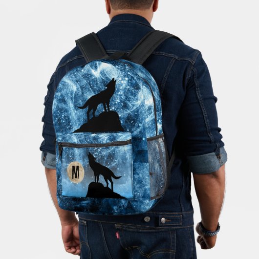 Howling Wolf Vollmond blau schwarz Custom Monogram Bedruckter Rucksack (Insitu (Modell))