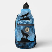 Howling Wolf Vollmond blau schwarz Custom Monogram Crossbody Bag (Vorderseite)