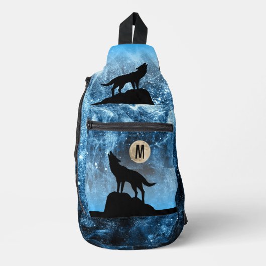 Howling Wolf Vollmond blau schwarz Custom Monogram Crossbody Bag (Vorderseite)