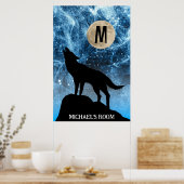 Howling Wolf Vollmond blau schwarz Custom Monogram Poster (Küche)