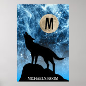 Howling Wolf Vollmond blau schwarz Custom Monogram Poster (Vorne)