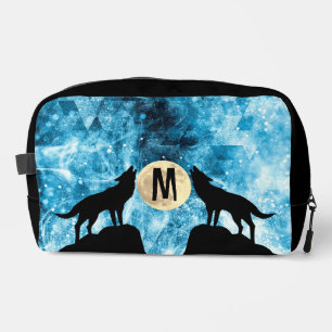 Howling Wolf Vollmond blau schwarz Custom Monogram Waschbeutel