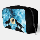 Howling Wolf Vollmond blau schwarz Custom Monogram Waschbeutel (Rechte Ecke)