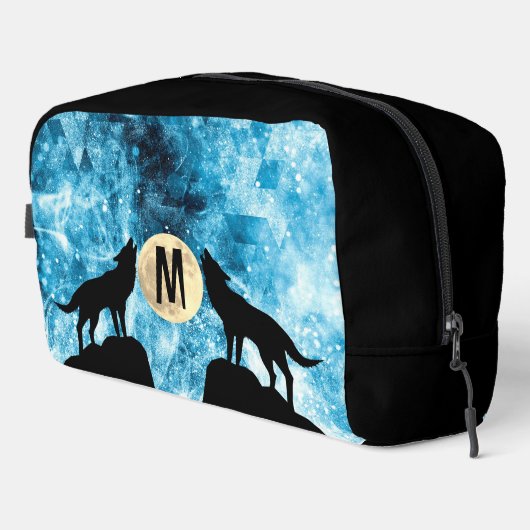 Howling Wolf Vollmond blau schwarz Custom Monogram Waschbeutel (Rechte Ecke)