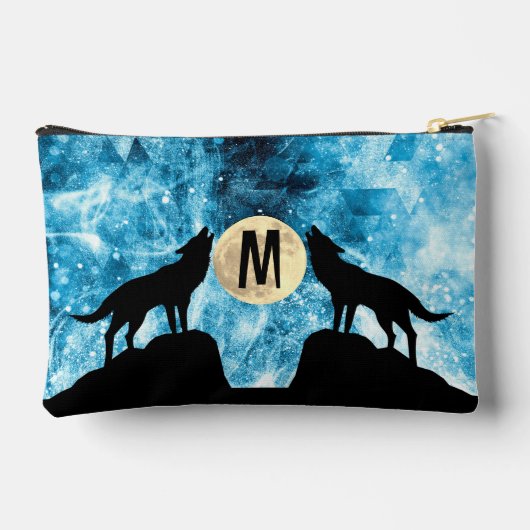 Howling Wolf Vollmond blau schwarz Custom Monogram Zubehörtasche (Rückseite)