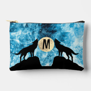 Howling Wolf Vollmond blau schwarz Custom Monogram Zubehörtasche