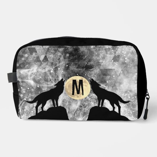 Howling Wolf Vollmond Schwarz-weißes Monogramm Waschbeutel (Vorderseite)
