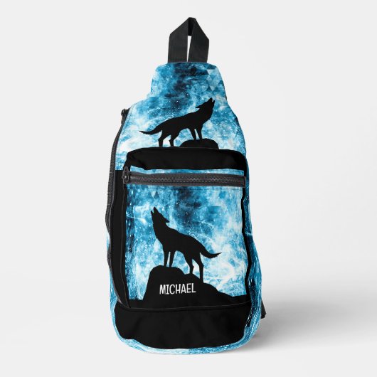 Howling Wolf Winter schneeblauer Individuelle Name Crossbody Bag (Vorderseite)