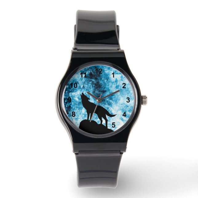 Howling Wolf Winter schneeblauer Rauch Abstrakt Armbanduhr (Vorderseite)