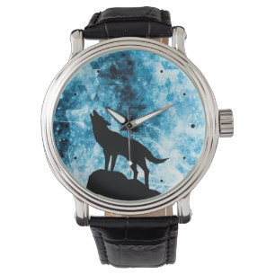 Howling Wolf Winter schneeblauer Rauch Abstrakt Armbanduhr