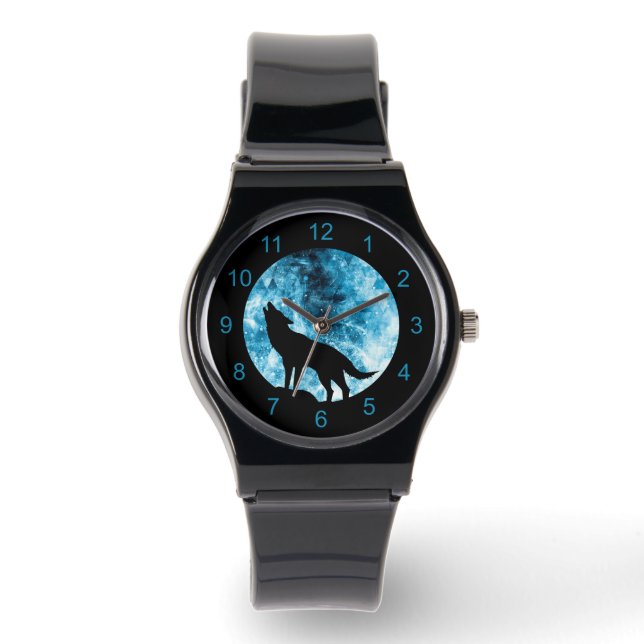 Howling Wolf Winter schneeblauer Rauch Abstrakt Armbanduhr (Vorderseite)