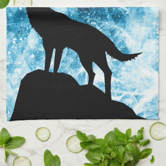 Howling Wolf Winter schneeblauer Rauch Abstrakt Geschirrtuch (Gefaltet)