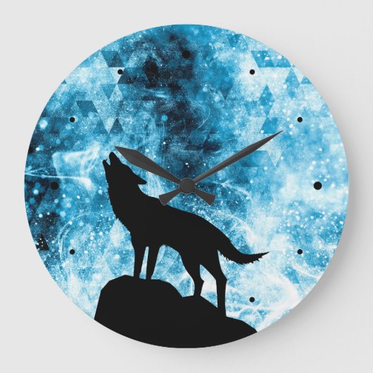 Howling Wolf Winter schneeblauer Rauch Abstrakt Große Wanduhr (Vorderseite)