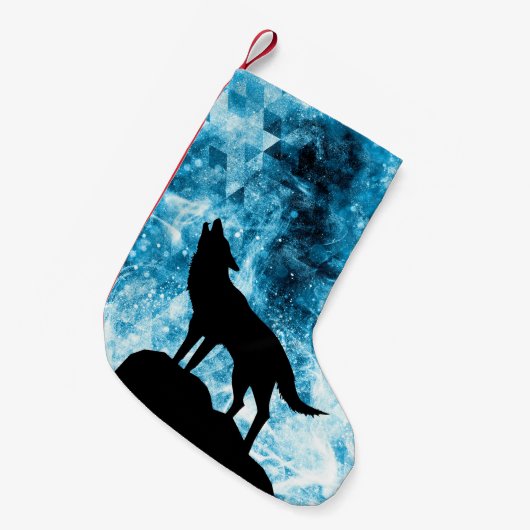 Howling Wolf Winter schneeblauer Rauch Abstrakt Kleiner Weihnachtsstrumpf (Vorderansicht (hängend))