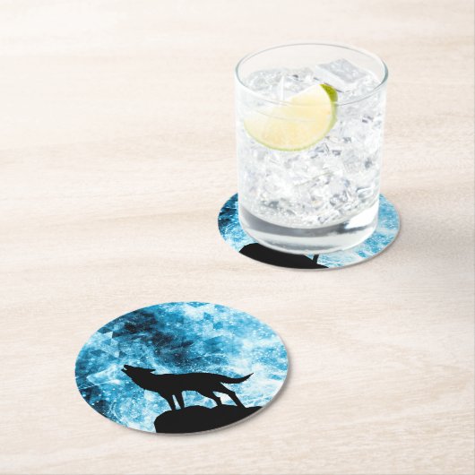 Howling Wolf Winter schneeblauer Rauch Abstrakt Runder Pappuntersetzer (Vor Ort)