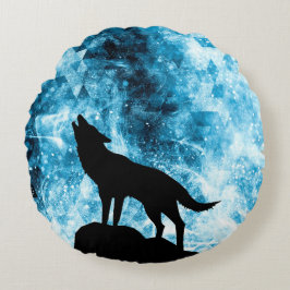 Howling Wolf Winter schneeblauer Rauch Abstrakt Rundes Kissen