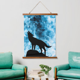 Howling Wolf Winter schneeblauer Rauch Abstrakt Wandteppich Mit Holzrahmen