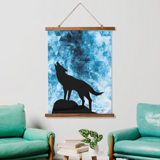 Howling Wolf Winter schneeblauer Rauch Abstrakt Wandteppich Mit Holzrahmen (Wohnzimmer)