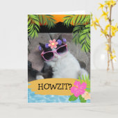Howzit? Hawaiian Themed Chill Cat Pink Shades Karte (Gelbe Blume)