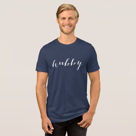 Hubby Modern White Script Navy Mens Tri-Blend Shirt (Vorderseite voll)