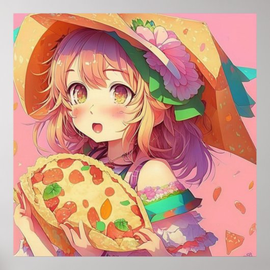 Hübsch Anime Girl Holding a Pizza Poster (Vorne)