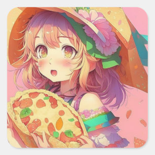 Hübsch Anime Girl Holding a Pizza Quadratischer Aufkleber