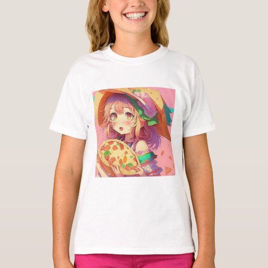Hübsch Anime Girl Holding a Pizza T-Shirt (Vorderseite)