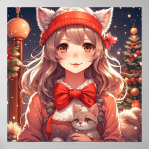 Hübsch Anime Girl Holding Kitten Weihnachten Poster