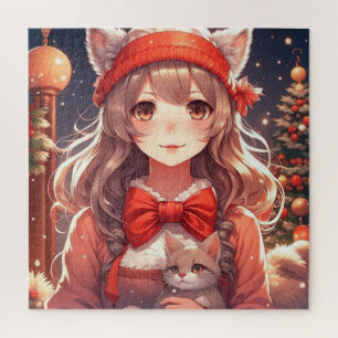 Hübsch Anime Girl Holding Kitten Weihnachten Puzzle