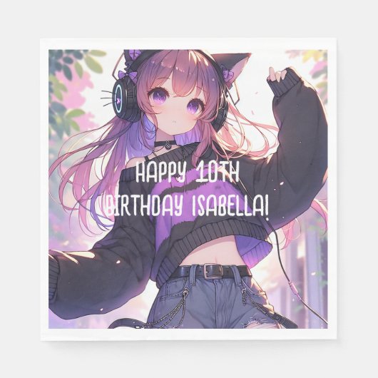 Hübsch Anime Girl Personalisiert Geburtstag Serviette (Vorderseite)