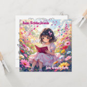 Hübsch Anime Girl Reading | Farbseite zum Geburtst Karte (Vorderseite/Rückseite Beispiel)