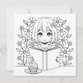 Hübsch Anime Girl Reading | Farbseite zum Geburtst Karte (Rückseite)