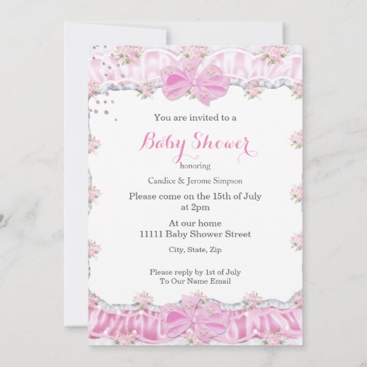 Hübsch Baby Duschmädchen Blütenpink Schirm Einladung (Rückseite)