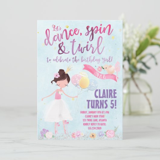 Hübsch Ballerina Geburtstagsfeier Einladung (Stehend Vorderseite)