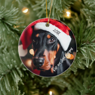 Hübsch Black und Tan Doberman mit Weihnachtsmannmü Keramik Ornament