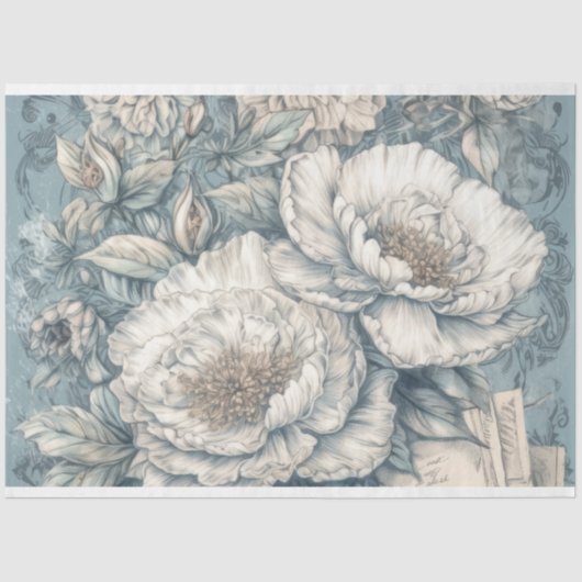 Hübsch Blau Vintag Inspiriert Blumendekoupage Seidenpapier (Vorderseite)