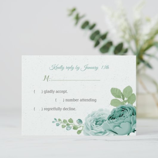 hübsch blaue blühende grüne Blätter RSVP Karte (Stehend Vorderseite)