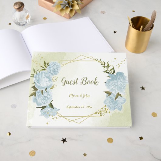 hübsch blaue Blumen grün Blätter geometrisch Gästebuch (Vorderseite Offen)