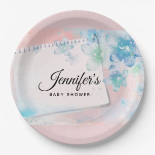 Hübsch blaue Blüten auf rosa Hintergrund Babydusch Pappteller