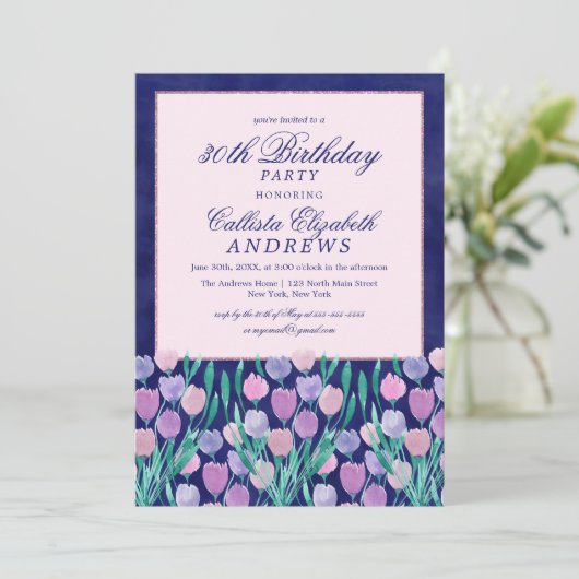 Hübsch Blauer Pink Tulissen Floral Wasserfarbe Geb Einladung (Stehend Vorderseite)