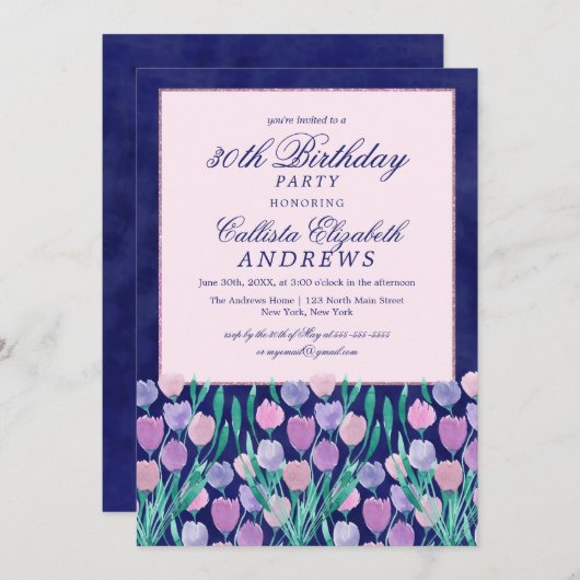 Hübsch Blauer Pink Tulissen Floral Wasserfarbe Geb Einladung (Vorne/Hinten)