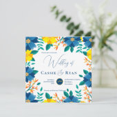 Hübsch-blaugelbe blühende romantische Hochzeit Einladung (Stehend Vorderseite)