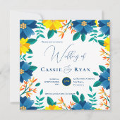 Hübsch-blaugelbe blühende romantische Hochzeit Einladung (Vorderseite)