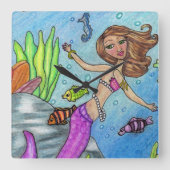 Hübsch Blond Mermaid Perlen Rosa Schwanz im Ozean Quadratische Wanduhr (Vorderseite)