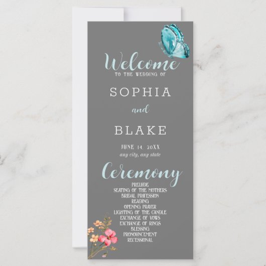 Hübsch Blue Butterfly Gray Wedding Program (Vorderseite)