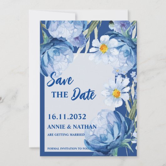 Hübsch Blue Florals Trendy Wedding Save the Date (Vorderseite)