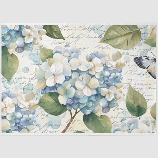 Hübsch Blue Hydrangea Ephemera Script Decoupage Seidenpapier (Vorderseite)