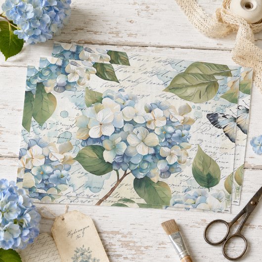 Hübsch Blue Hydrangea Ephemera Script Decoupage Seidenpapier