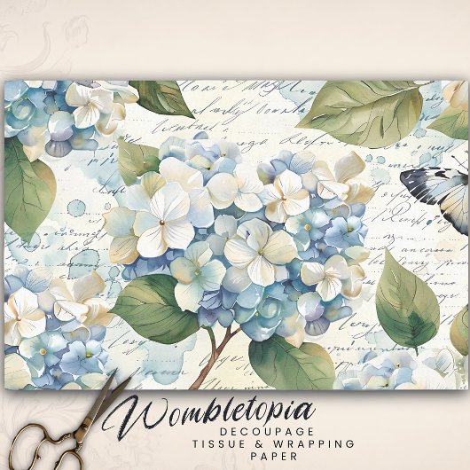Hübsch Blue Hydrangea Ephemera Script Decoupage Seidenpapier