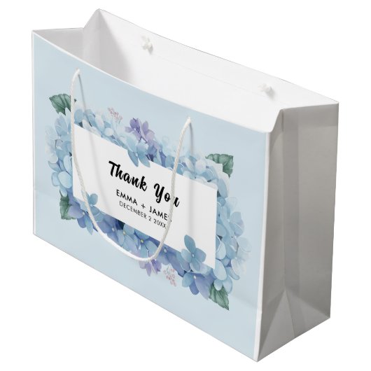 Hübsch Blue Hydrangeas Script Wedding Vielen Dank Große Geschenktüte (Vorderseite Schrägansicht)
